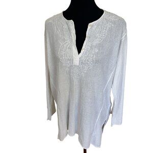 Womens White Cotton Tunic Top Gauzy Large Long Sleeve Embroidered India Boho